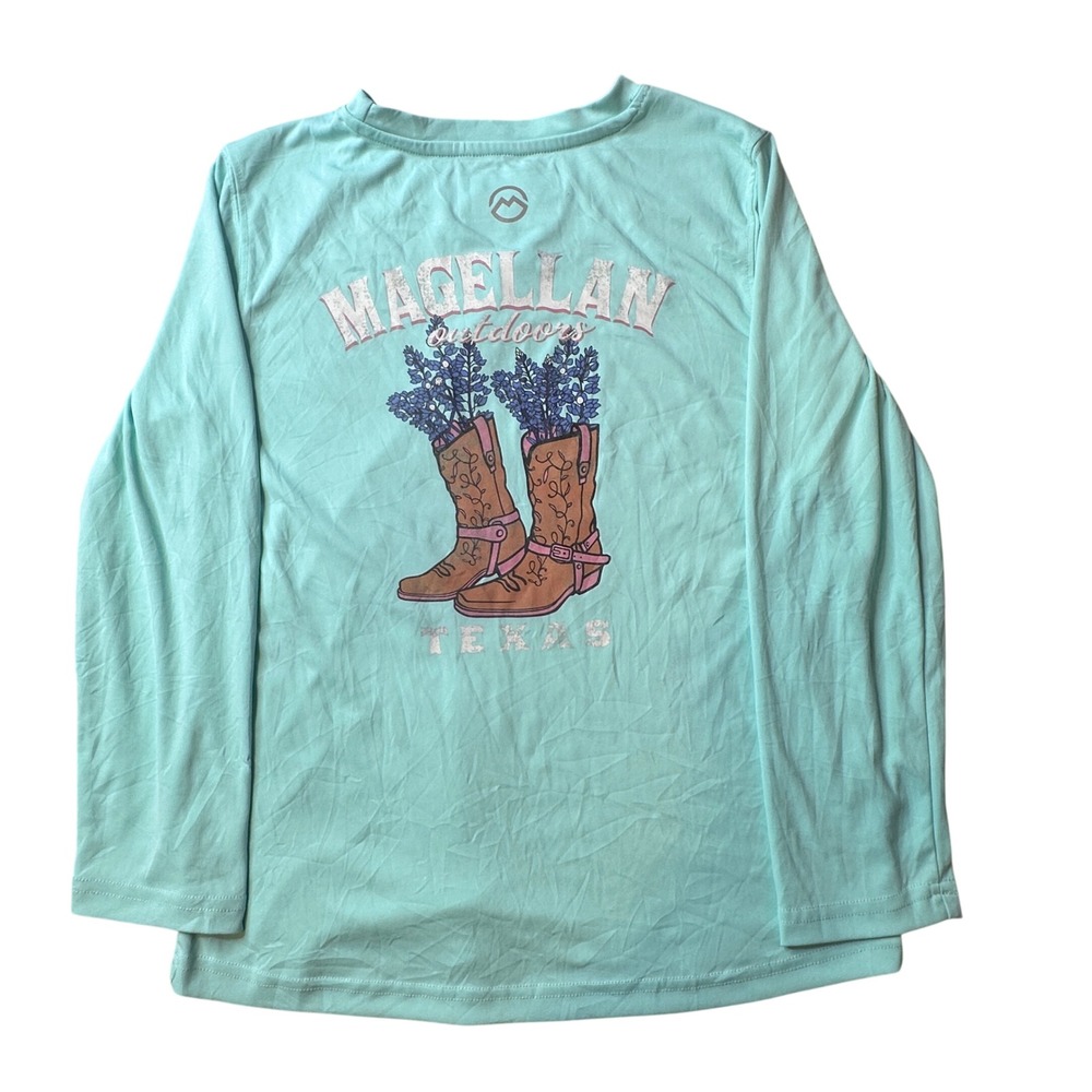Magellan Shirt Kids M 8-10 Aqua Texas Boots Bluebonnets Fish Gear Long Sleeve